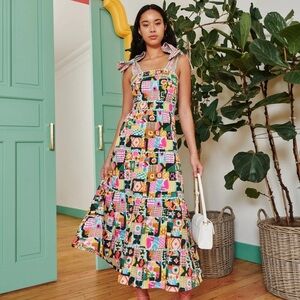 CeliaB Colorful Patchwork Tiered Midi Dress Sundress with Pockets and Fun Print